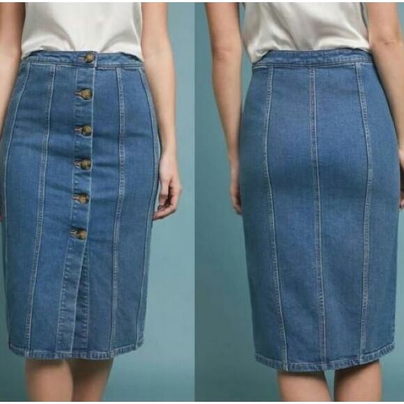 Anthropologie Pilcro Button-Front Denim Midi Skirt | Medium Wash | Size 6 - Picture 2 of 6